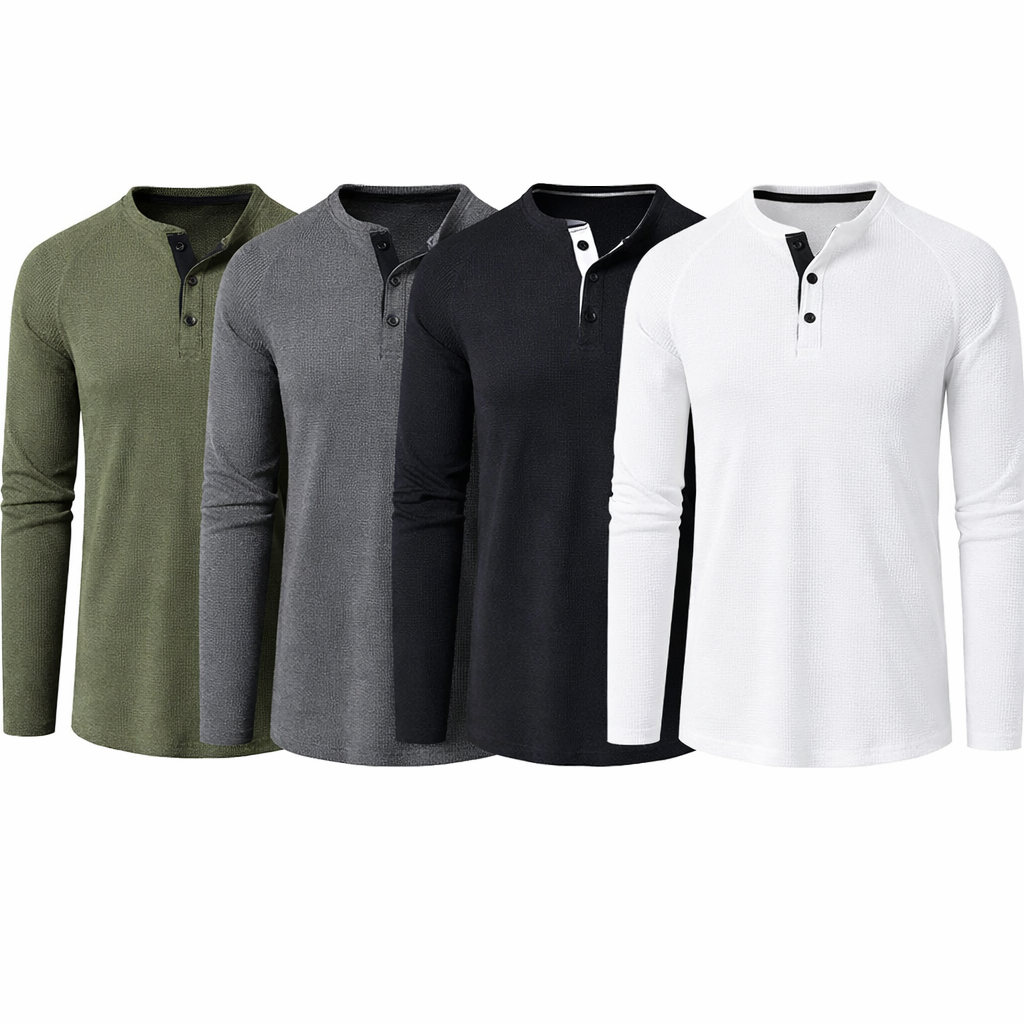 Detaljert vaffelstruktur langermet Henley t-skjorte for menn. Stilren bomullsskjorte, ideell for herremote vårklær.