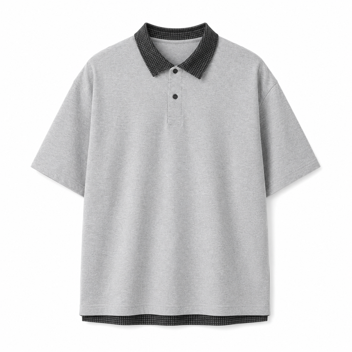 Komfortabel herrepolo skjorte, mørkeblå/grå retro rutete mønster. Perfekt for en vintage-inspirert hverdag.