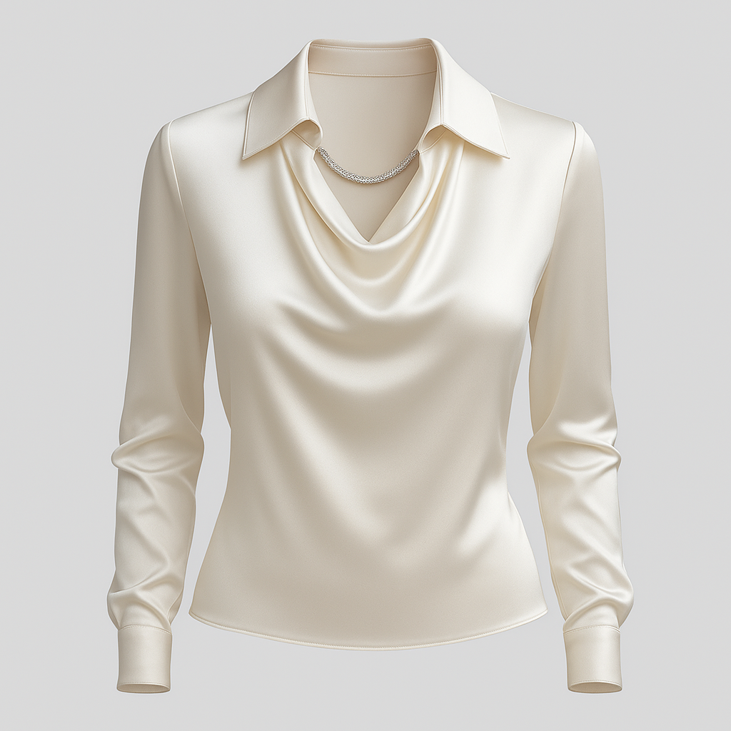 Elegant kvinnebluse med vannfallutringning og lange ermer. Perfekt for kontor og fest.