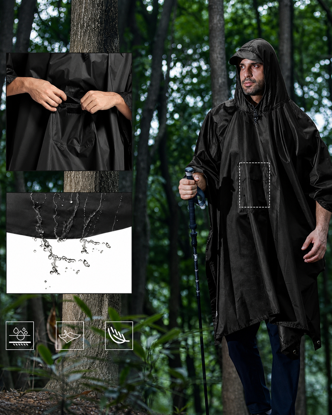 Sammenpakket unisex regnponcho klar for fottur. Lett og gjenbrukbar vanntett regnbeskyttelse.