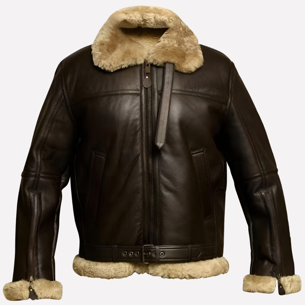Klassisk herre shearling-stil jakke i brunt skinn, foret for varme på kalde høst- og vinterdager.