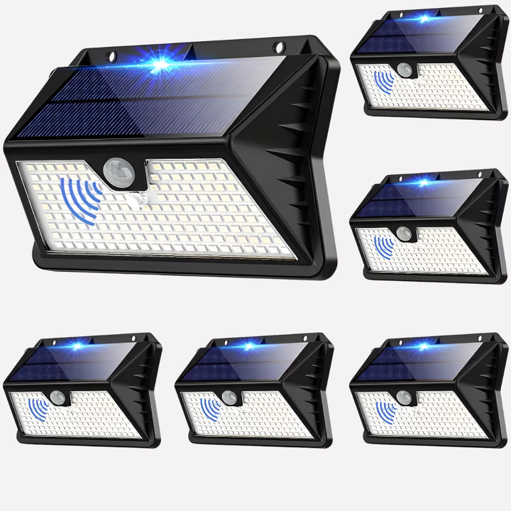 Solcelle utendørs LED-lampe med bevegelsessensor, perfekt for hage og terrasse. Trådløs og energibesparende sikkerhetslys.