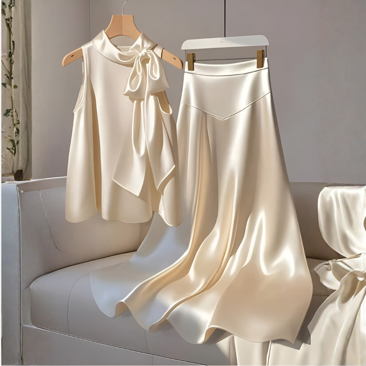 Elegant aprikos todelt sett for kvinner. Komfortabelt matchende sommerantrekk, ideelt for hverdag og fritid.