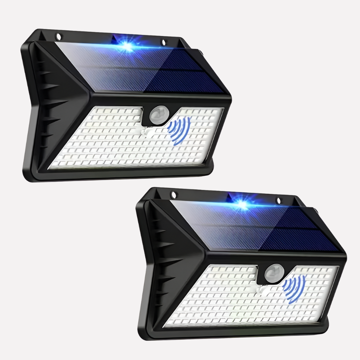 Energibesparende solcellelampe med kaldhvit LED. Bevegelsessensor for økt sikkerhet i hage og utendørsområder.