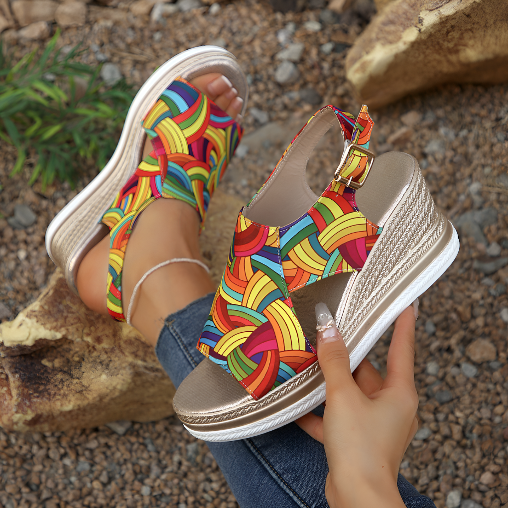 Fargerike kvinners espadrille wedge sandaler med plattform, perfekte for sommeren og uformelle stranddager.