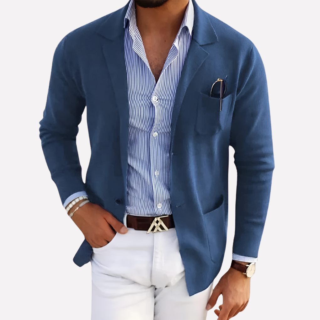 Elegant menns strikk blazer i mørk farge, perfekt for smart casual eller kontorstil.