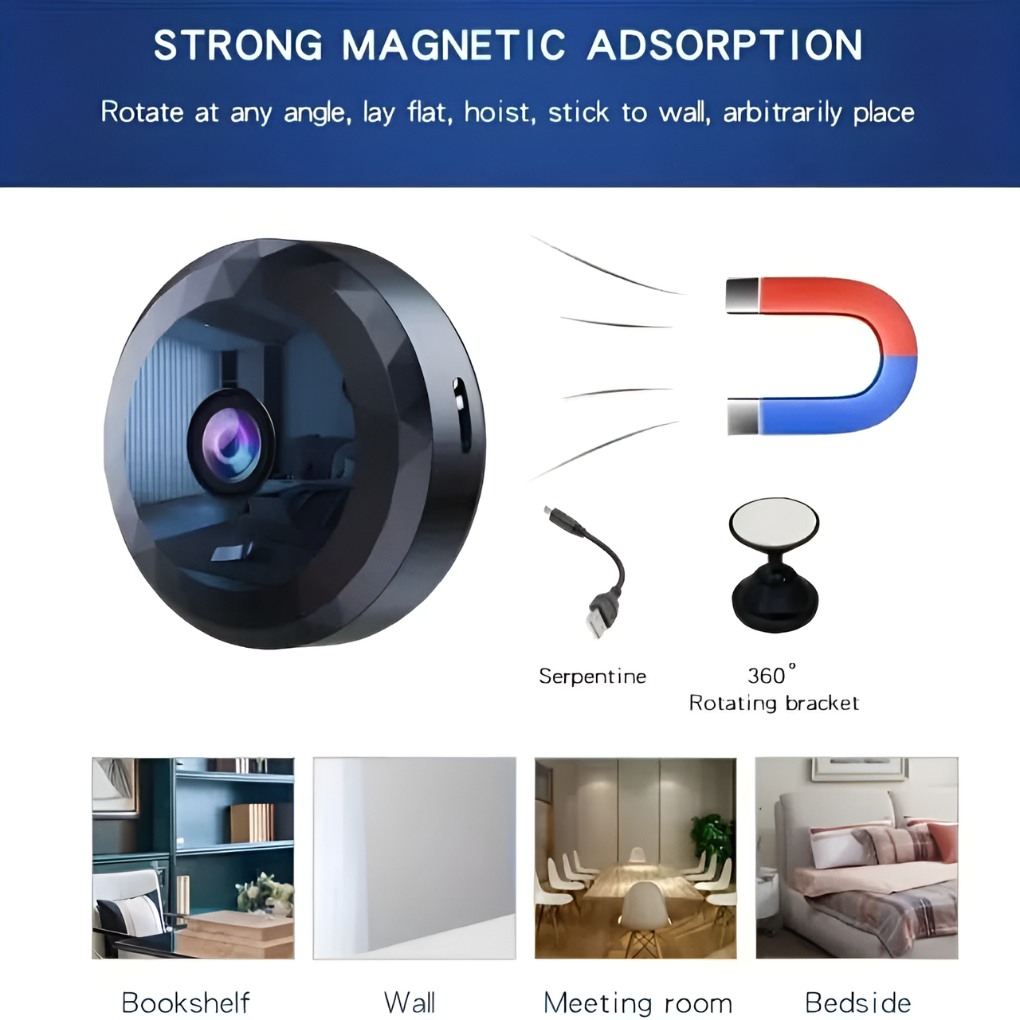 Kompakt trådløst 1080p WiFi overvåkingskamera med magnetfeste for enkel og diskret installasjon hjemme/kontor.