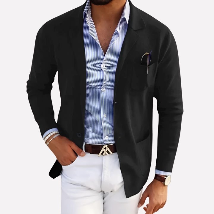 Stilig menns strikk blazer, myk tekstur, moderne herrejakke for en velkledd look.