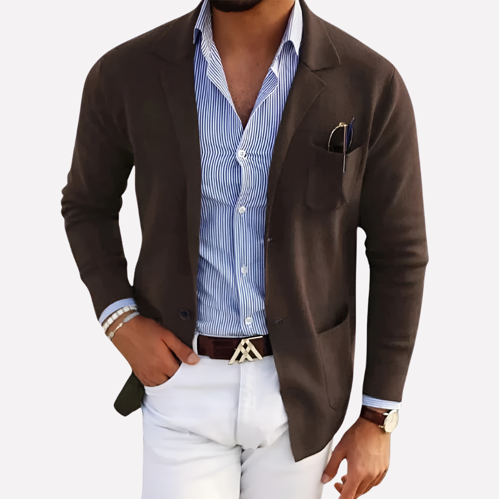 Premium menns strikk blazer, en tidløs og komfortabel herrejakke for den moderne mann.