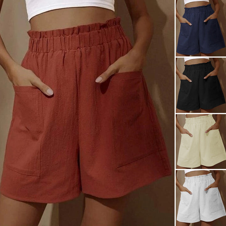 Pustende sommershorts for damer med høy midje, perfekt for varme dager og utendørsaktiviteter.