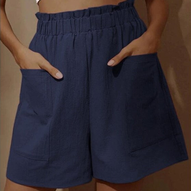 Stilfull dameshorts med høy midje og elastisk midje, ideell som casual shorts for daglig bruk.