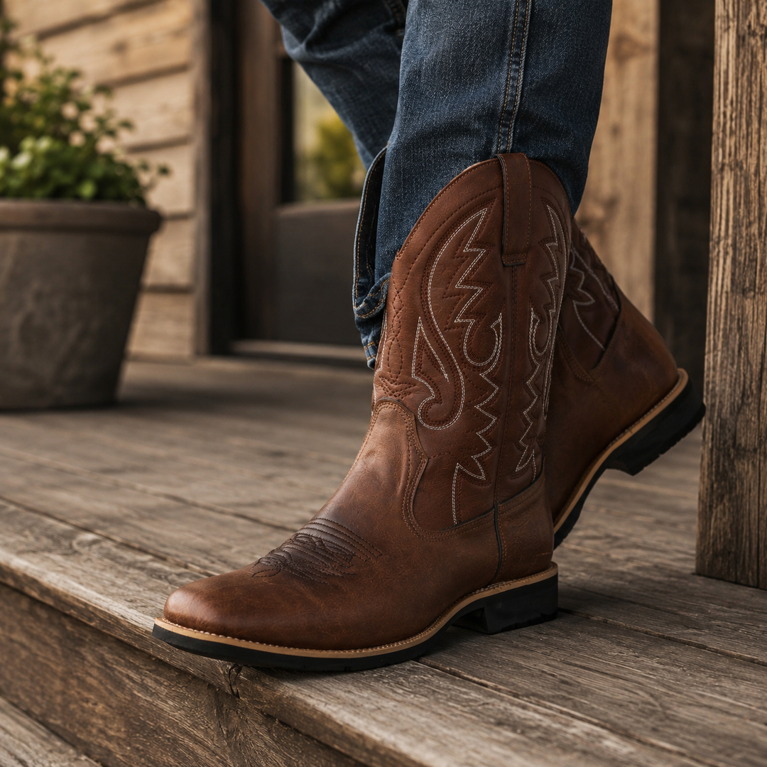 Komfortable slip-on herrecowboystøvler med firkantet tå, robust såle for menn som elsker western-stil.