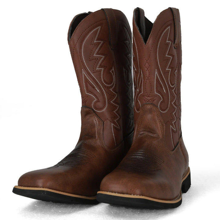 Komfortable casualstøvler for menn, brune cowboystøvler med westernmote og solid konstruksjon.