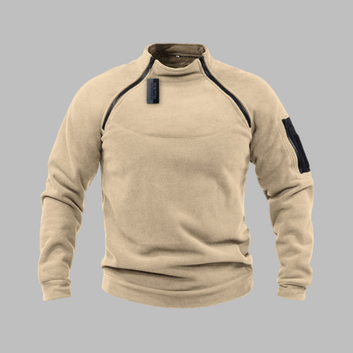 Detaljbilde: Vindtett fleecegenser for menn. Myk, varm fleece ideell for tur, sport og utendørs om vinteren.