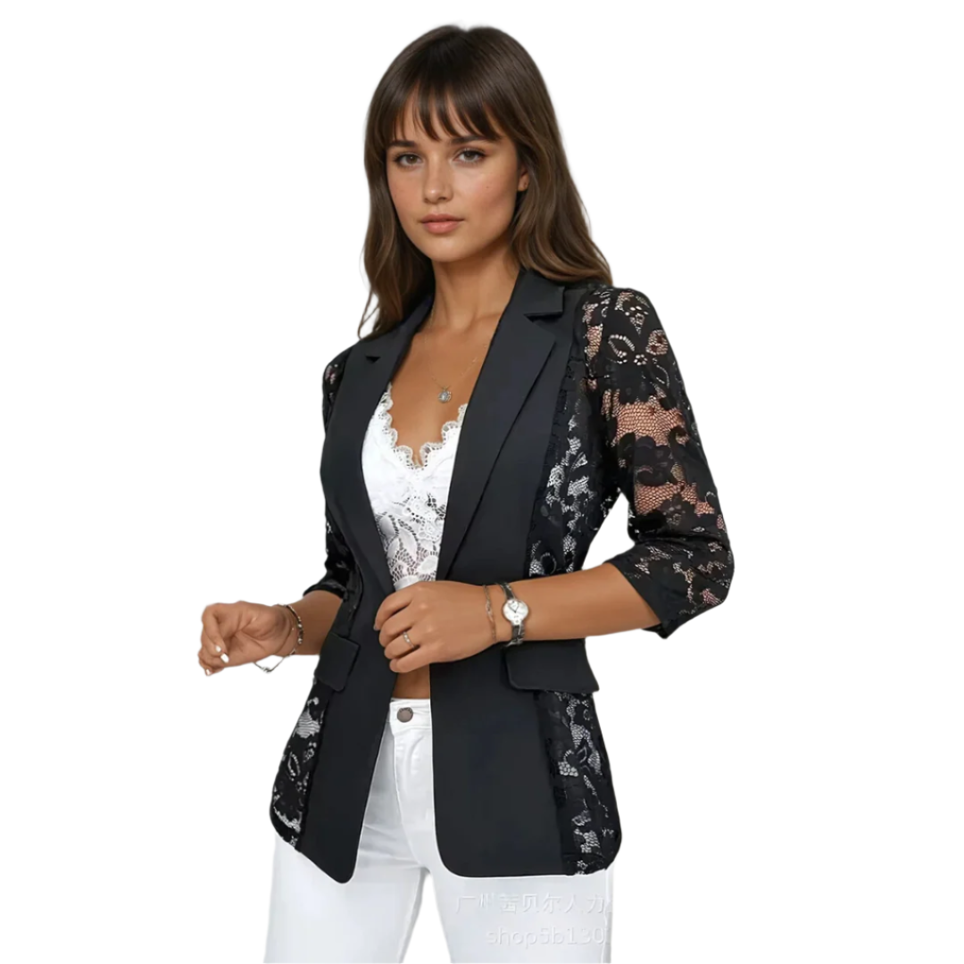 Elegant sort dameblazer med figursydd passform, perfekt for kontorantrekk og fest. En klassisk vår/sommer blazer.
