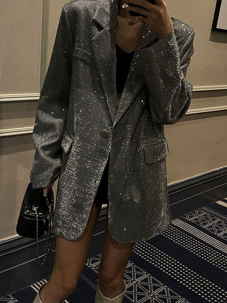 Motebevisst paljettblazer til dame, perfekt for julebord, nyttårsfeiring og festlige arrangementer. Trendy festklær.