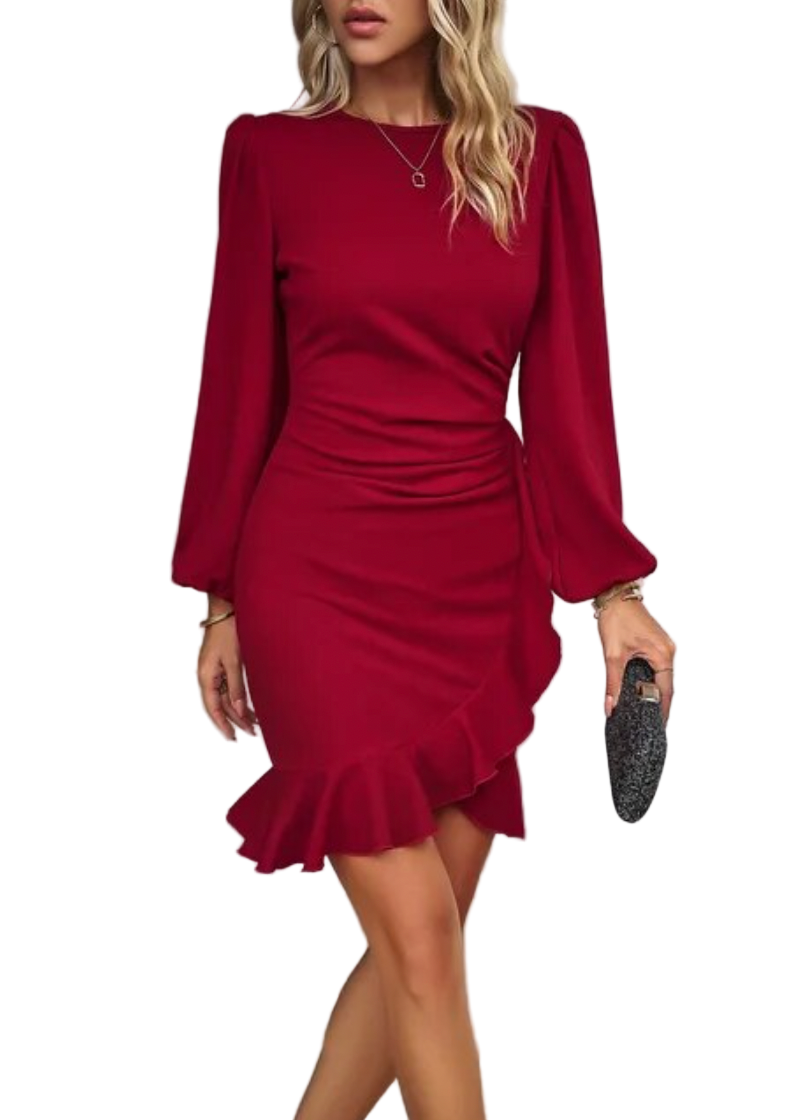 Elegant bodycon kjole med volanger for kvinner, figurnær og flatterende, perfekt for fest og cocktail.