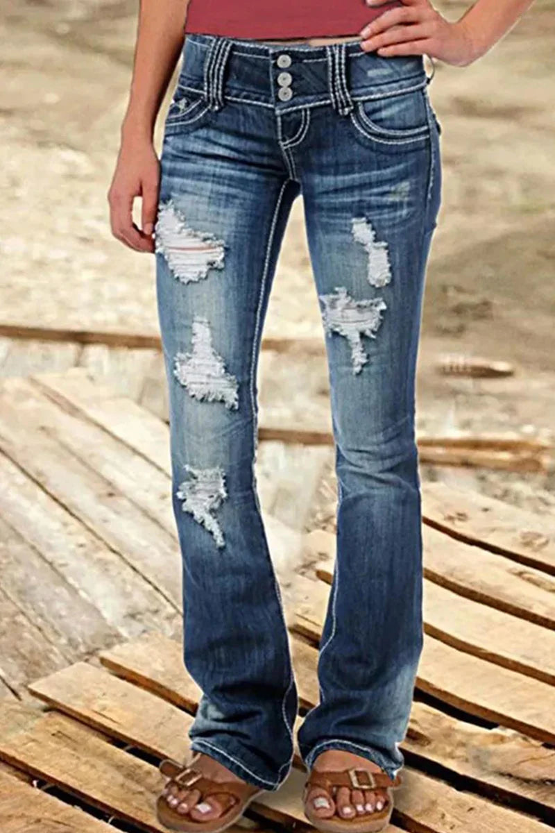 Trendy blå dame bootcut jeans med høy midje, perfekt for en avslappet passform og moderne look.