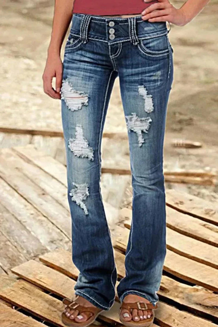 Trendy blå dame bootcut jeans med høy midje, perfekt for en avslappet passform og moderne look.