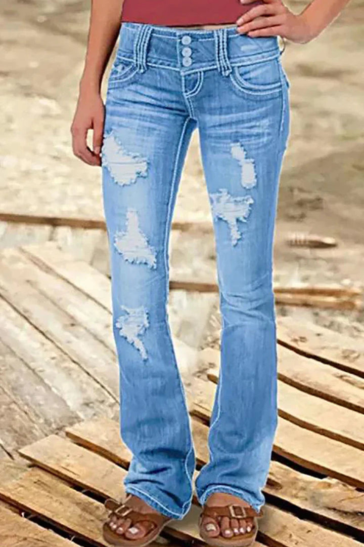 Komfortable bootcut jeans for dame med høy midje, flott for vår- og høstklær og hverdagsbruk.