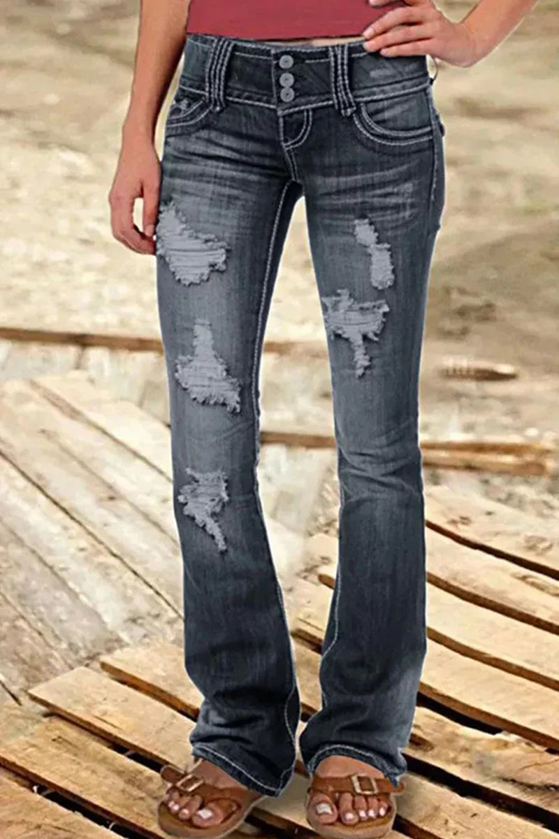 Trendy bootcut jeans for kvinner med høy midje og utvidet ben, ideell for et moderne fritidsantrekk.