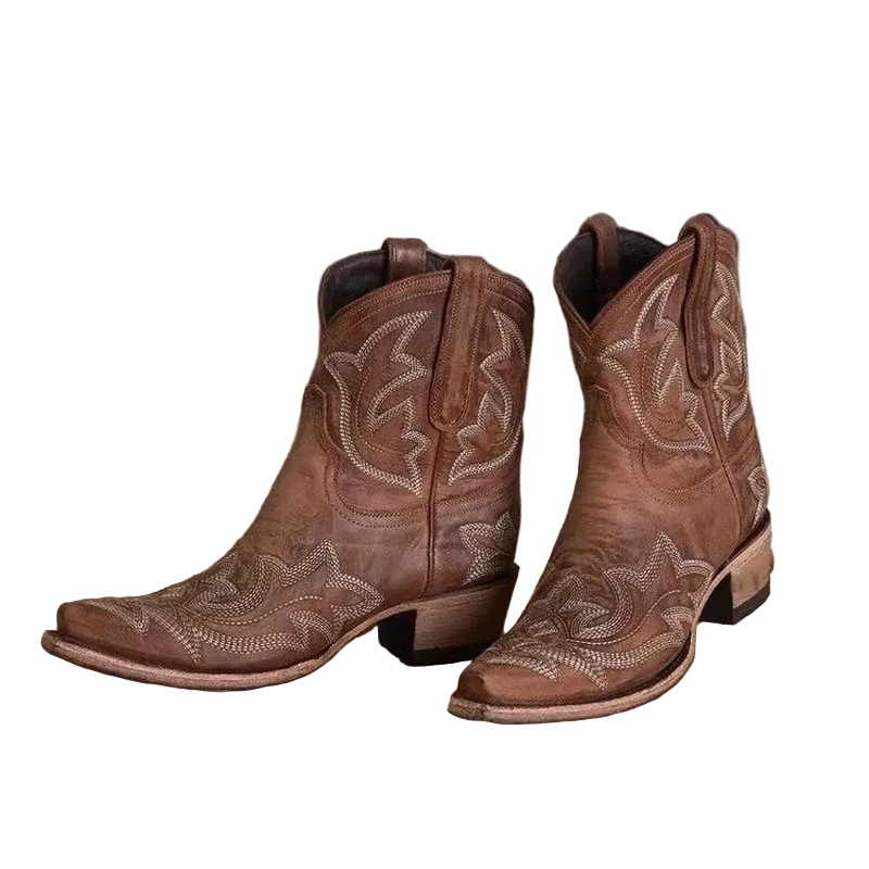 Dame cowboy ankelstøvletter med intrikat broderi, spiss tå og westernstil for motebevisste kvinner.