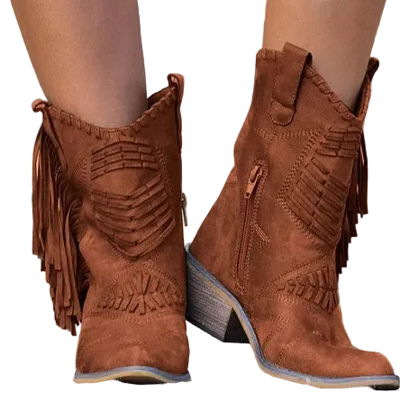 Dame cowboystøvler med stilige frynser og vestlig design, perfekt for festival eller fritid.