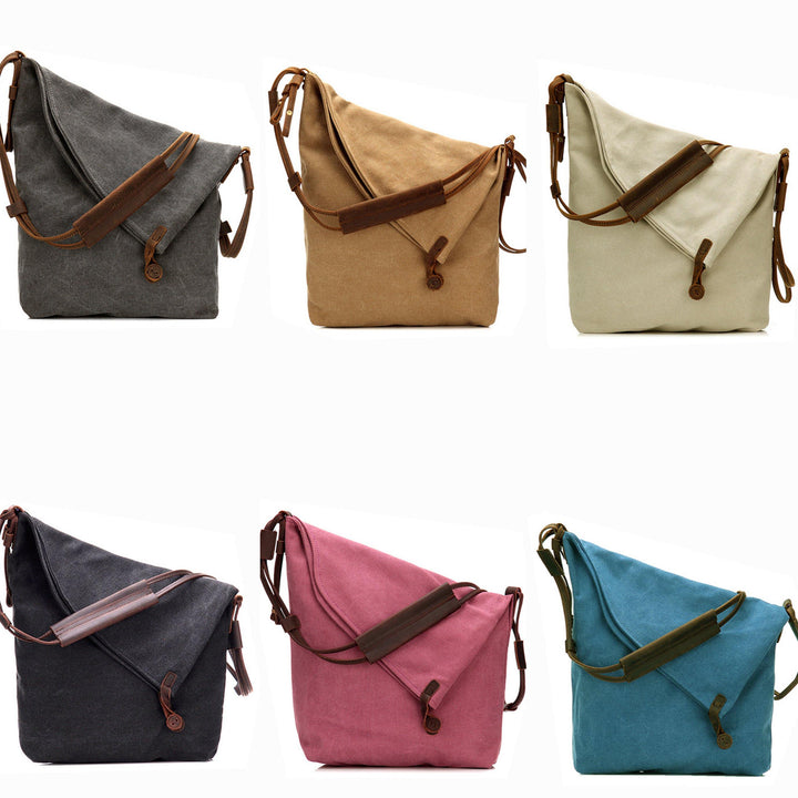 Motebevisst bohemsk dameveske med crossbody-funksjon. Laget av lerret og skinn, romslig for alle nødvendigheter.
