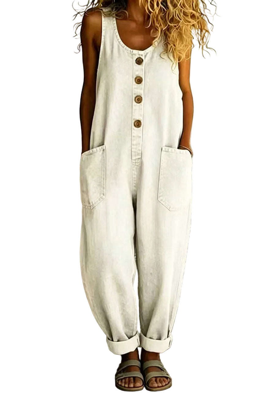 Dame jumpsuit i oversized vintage-stil for komfortabel og trendy sommer mote. Perfekt for avslappet hverdagsbruk.