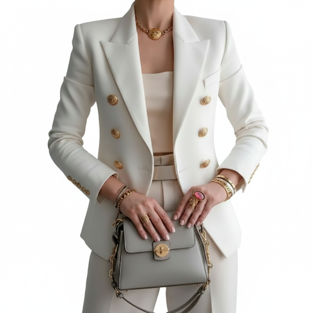 Elegant blå dobbeltspent dameblazer med gullknapper, perfekt for formell stil, kontor eller festantrekk.