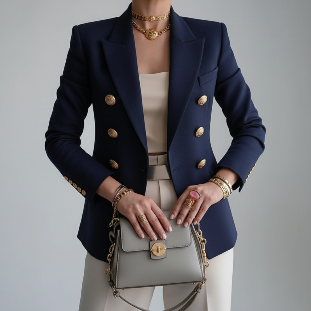 Stilig hvit dobbeltspent blazer for kvinner med skreddersydd passform og gullknapper, ideell for jobb eller hverdag.