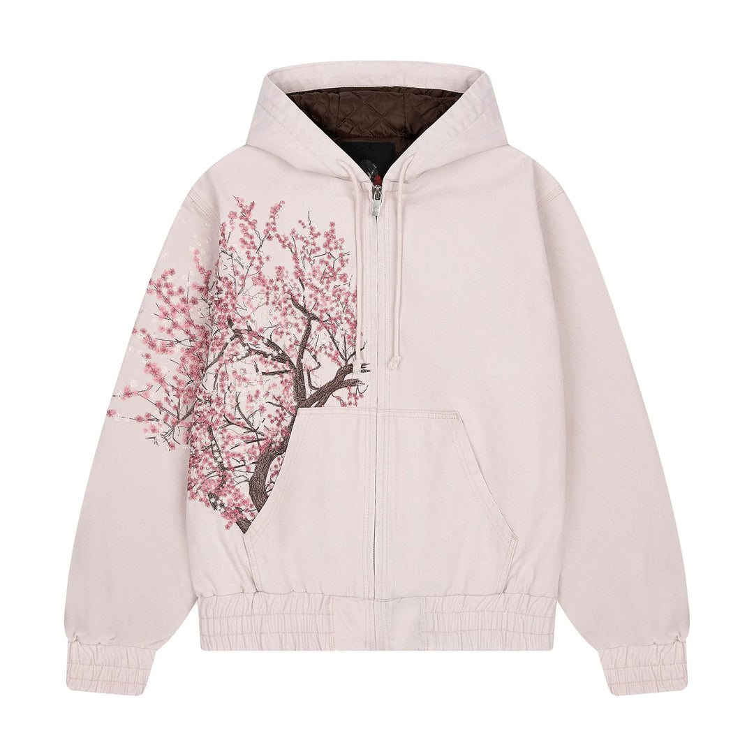 Dame hettegenser i bomullsblanding med rosa kirsebærblomsterdesign. Komfortabel og avslappet genser for vår/høst.