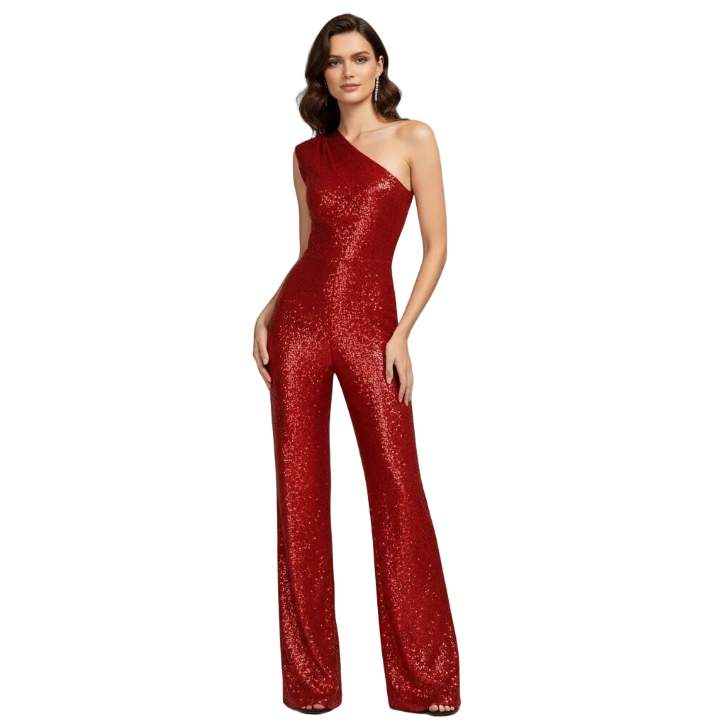 Dame glitrende paljett jumpsuit, perfekt figurnær festantrekk for spesielle anledninger. Elegant kveldsantrekk.