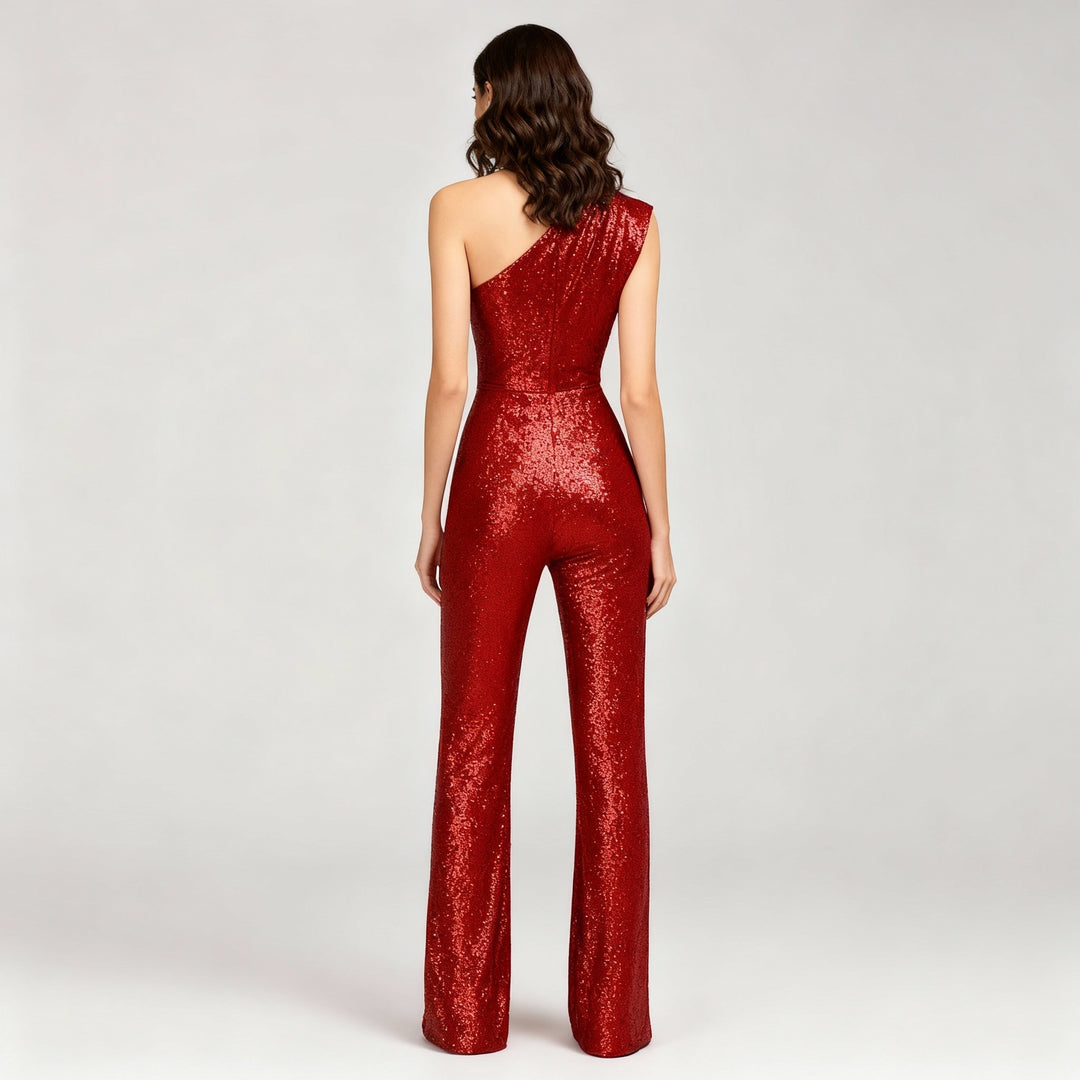 Ryggbilde av elegant dame paljett jumpsuit. Glitrende festantrekk for spesielle anledninger, figurnær mote.