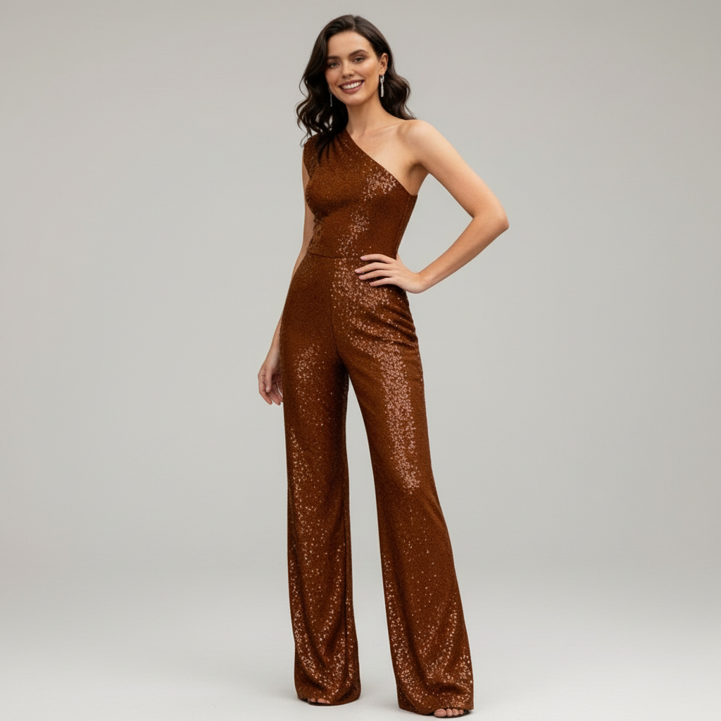 Dame glitrende paljett jumpsuit presentert på utstillingsdukke. Elegant festantrekk for spesielle anledninger.