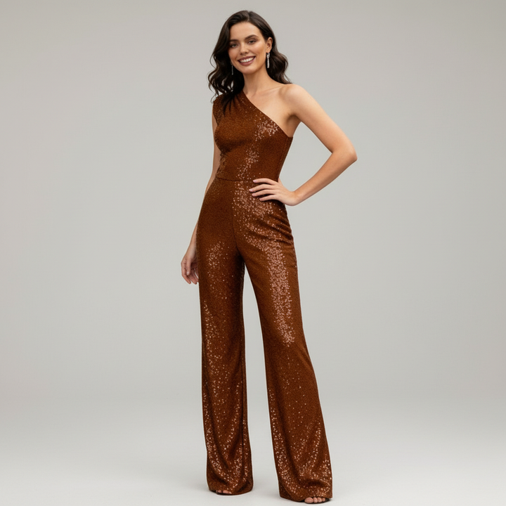 Dame glitrende paljett jumpsuit presentert på utstillingsdukke. Elegant festantrekk for spesielle anledninger.