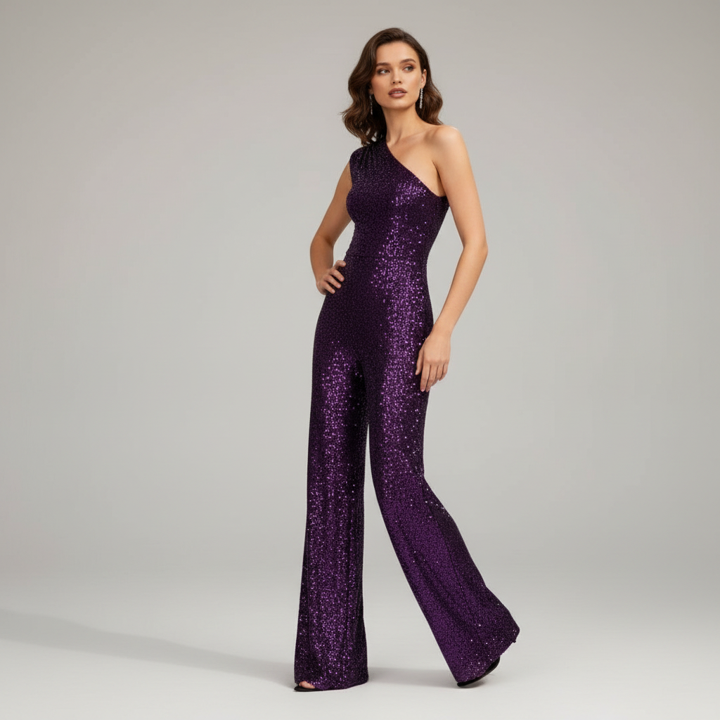 Dame paljett jumpsuit i elegant, formelt miljø. Glitrende kveldsantrekk, perfekt for spesielle anledninger og fest.