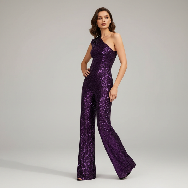 Dame paljett jumpsuit i elegant, formelt miljø. Glitrende kveldsantrekk, perfekt for spesielle anledninger og fest.