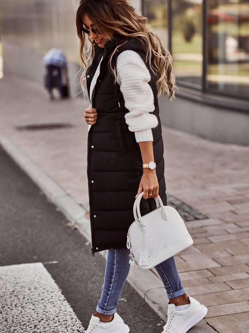 Casual fritidsvest for damer, knelang vattert vest perfekt som overgangsjakke og lagpålag-plagg.