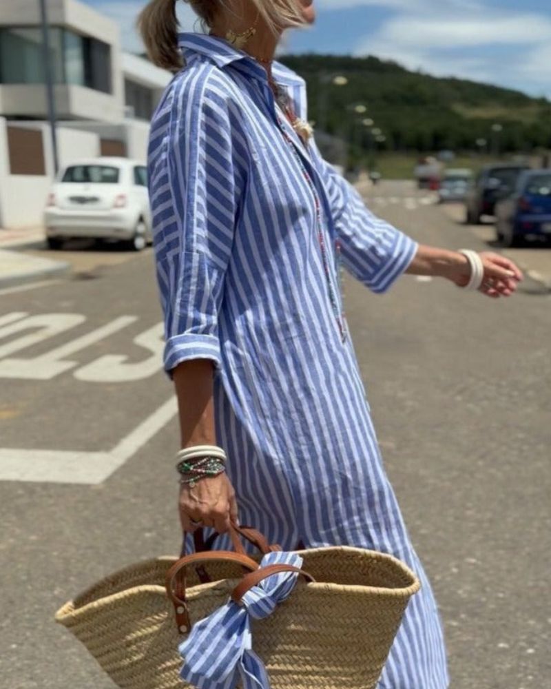 Stilig stripete skjortekjole for dame; en allsidig vårkjole og sommerkjole i komfortabelt design.