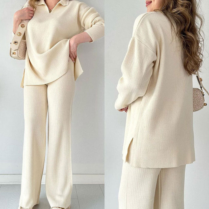 Elegant to-delt damesett; V-hals topp og vide bukser. Ideelt for både hverdag og festantrekk.