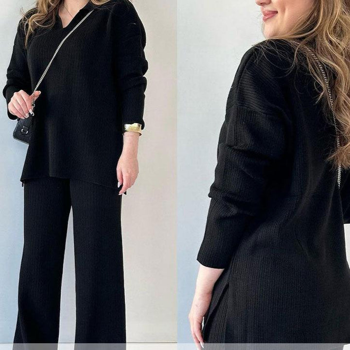 Trendy dame matchende sett. V-hals topp og vide ben bukser for en avslappet, men elegant look.