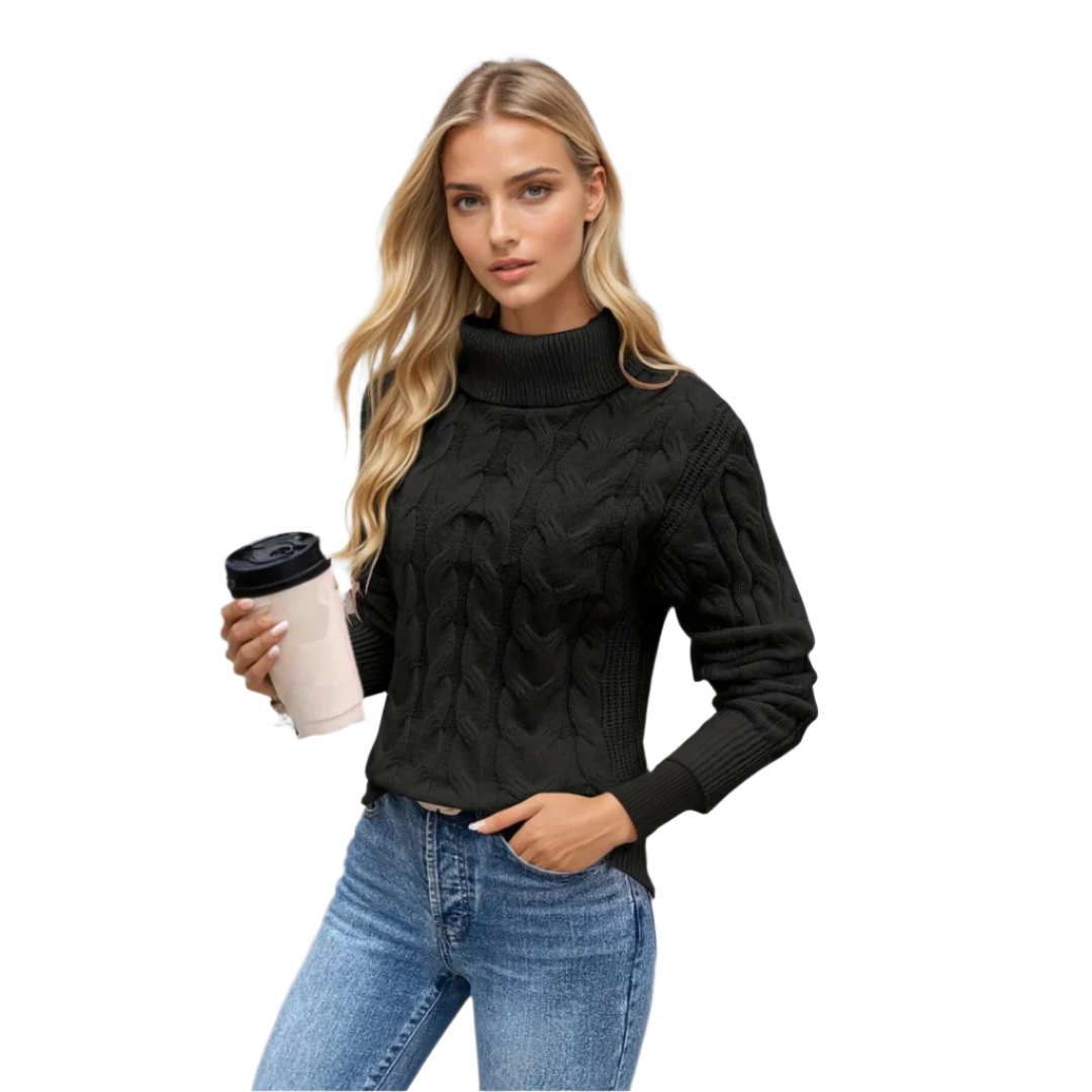 Elegant kabelstrikket turtleneck genser for dame. Komfortabel, langermet vintergenser perfekt for hverdagsbruk.