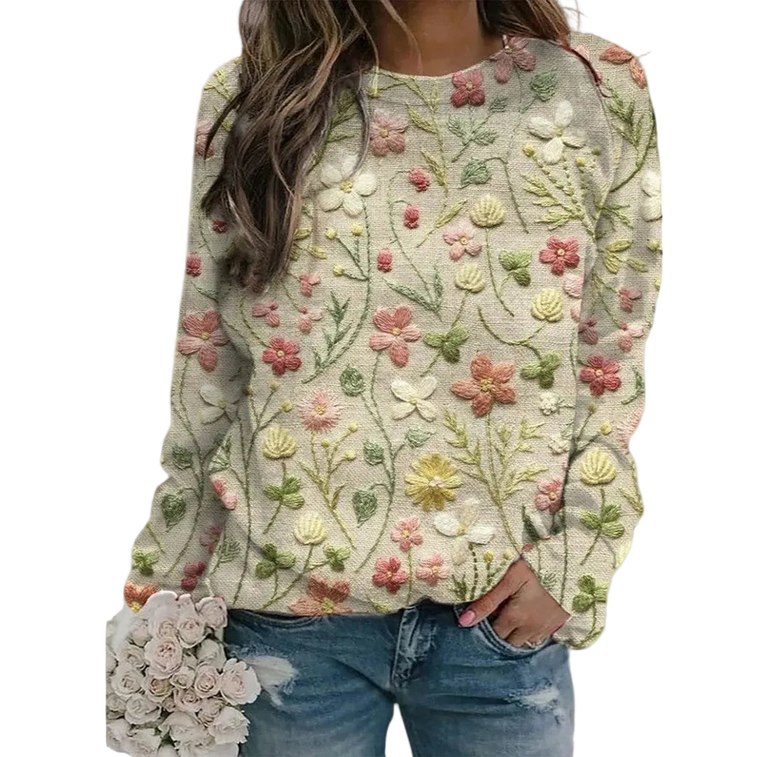 Komfortabel kvinnegenser med trendy blomstermønster, rundhals. Perfekt for vår og høst, elegant hverdagsstil.