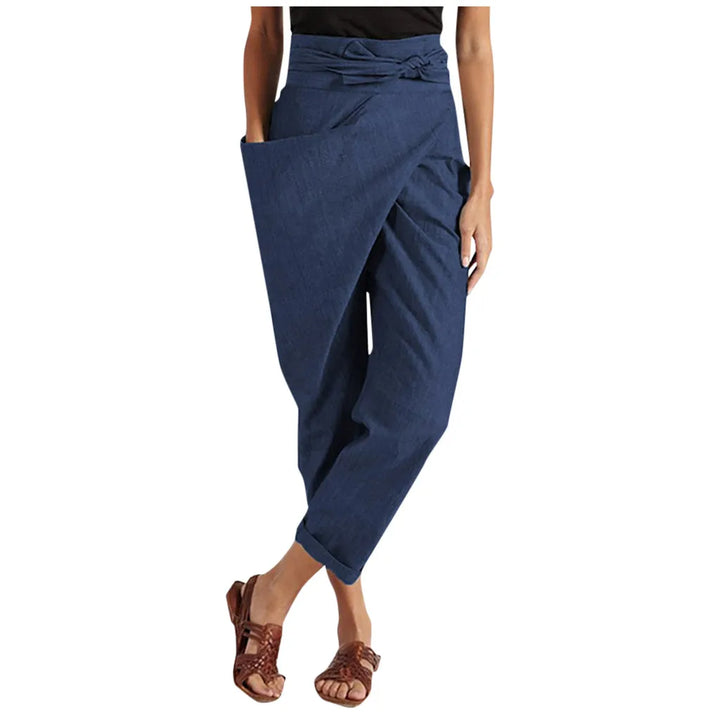 Elegant asymmetrisk bukse for kvinner med høy midje, perfekt for en moderne og sofistikert stil.