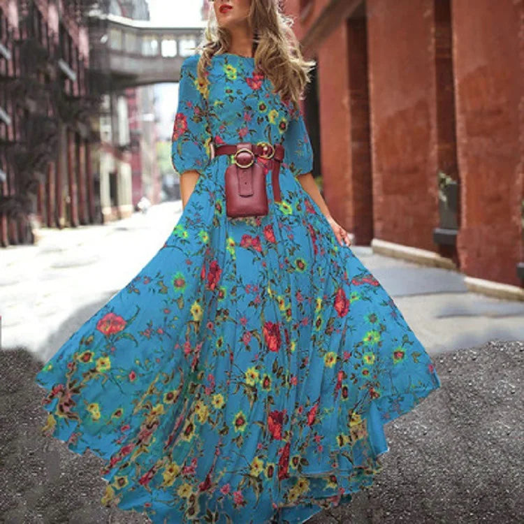 Elegant blomstrete maxikjole for kvinner med belte, passer vår og sommer. Lang og feminin.