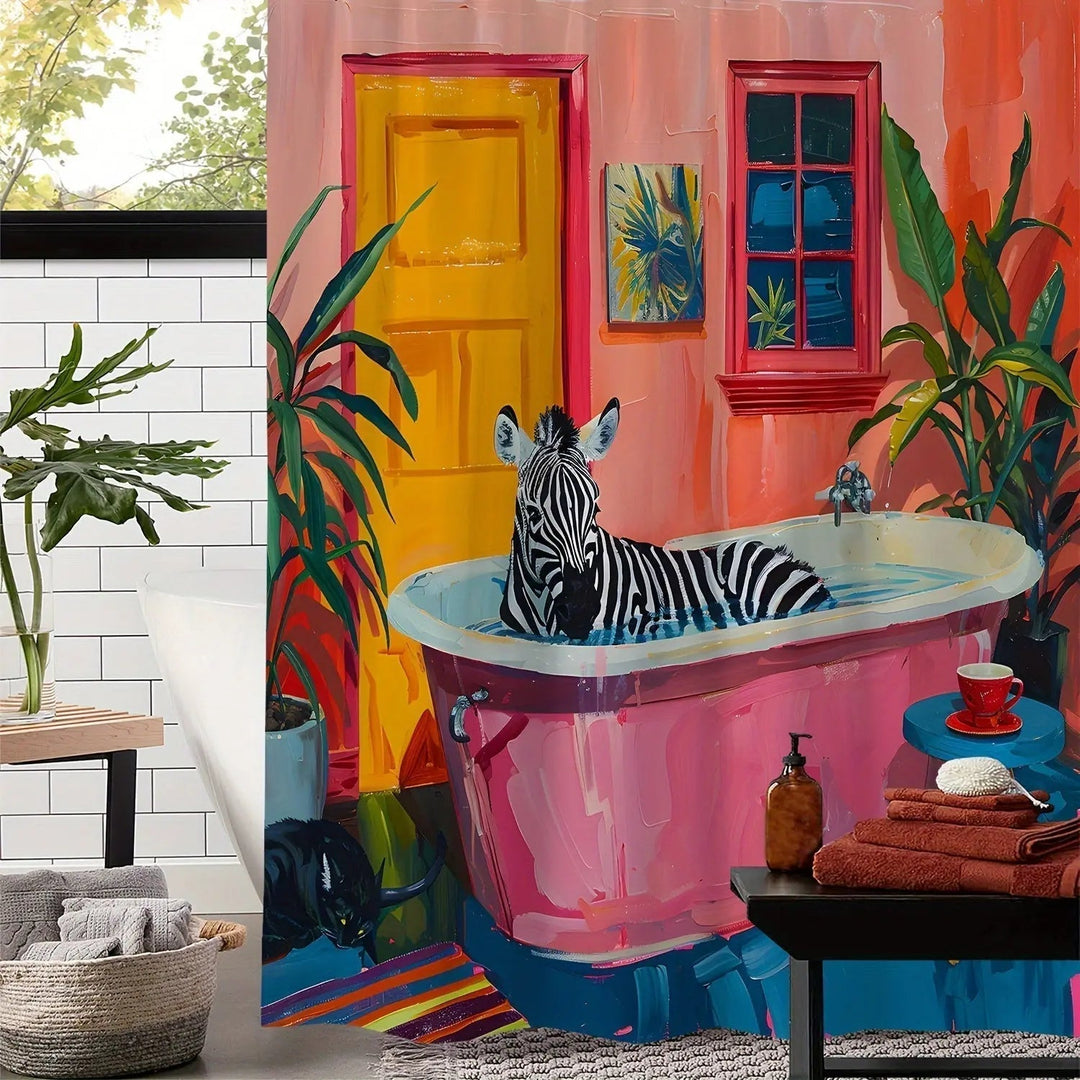 Flerfarget tropisk zebra dusjforheng i moderne stil. Eksotisk baderomsdekor, vanntett og maskinvaskbar.