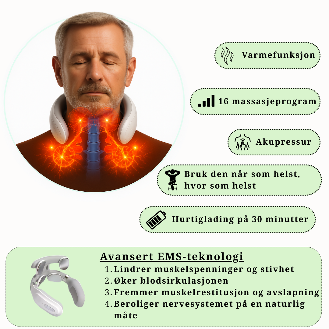 Innovativ nakkemassasje med TENS, EMS og varme for muskelavslapning og smertelindring.