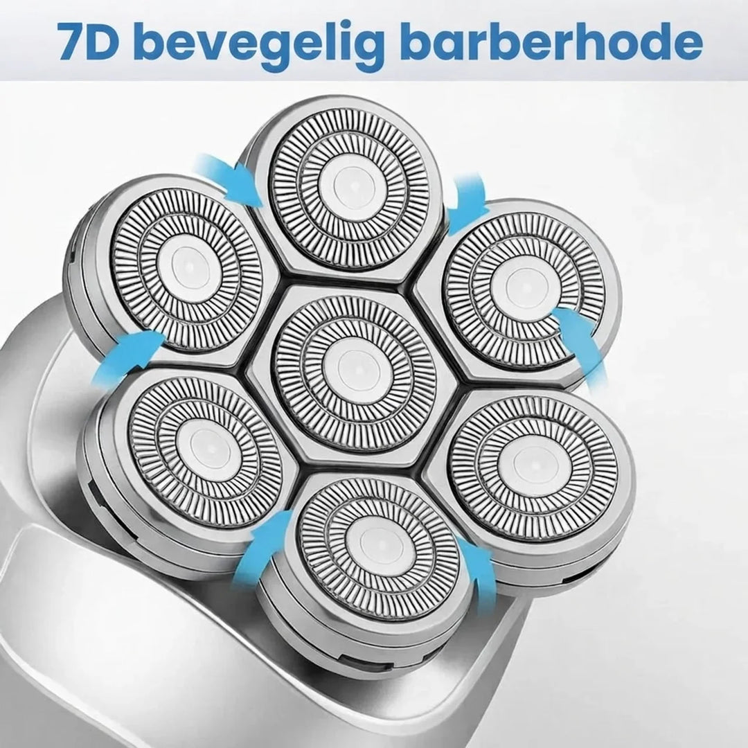 Nærbilde av barbermaskinens avtakbare groomingtilbehør: skjeggtrimmer, nesetrimmer og rensebørste for herrepleie.
