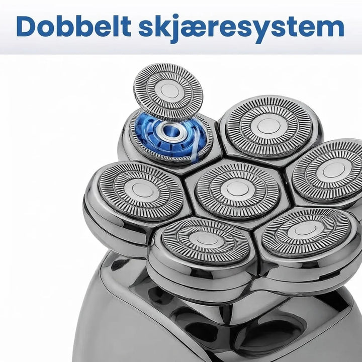 Den oppladbare 7D elektriske barbermaskinen i sin ladestasjon, klar for neste tørrbarbering eller groomingøkt.